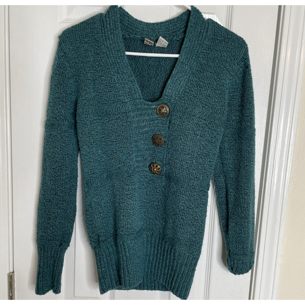 BKE Buckle Pullover Sweater Womens Size Medium V-Neck Green Ribbed Buttons